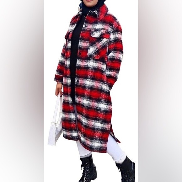Zara long plaid coat shacket red & black & white (S-M) - Picture 5 of 9
